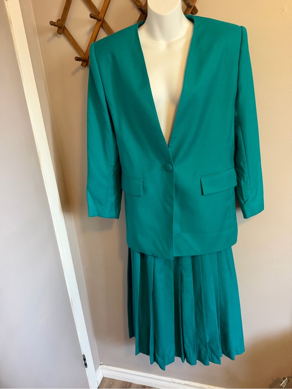 Braemar Petites Vintage Wool Blazer Pleated Skirt Suit Set Teal M